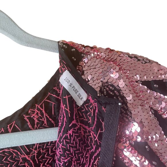 Vintage Womens Top Size 44 Pink Handmade Beaded Sequin Flame Pattern Pure Silk - Picture 6 of 13